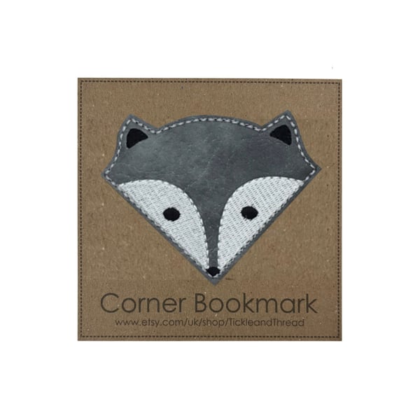 Embroidered Grey Fox Corner Bookmark: Vinyl Animal Bookmark