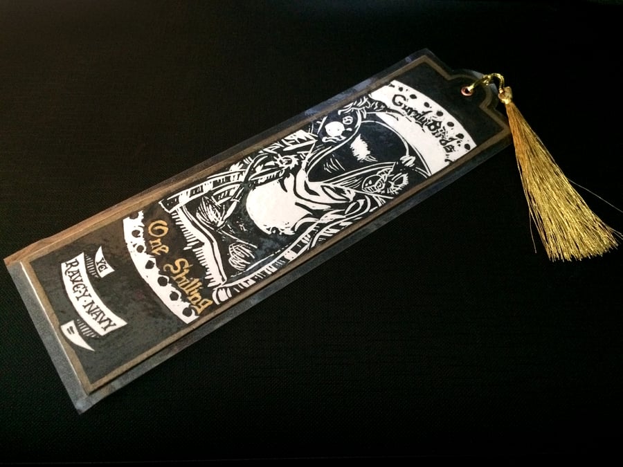 GurdyBird Shilling Linocut Linoprint Bookmark - Steampunk - Pirate 