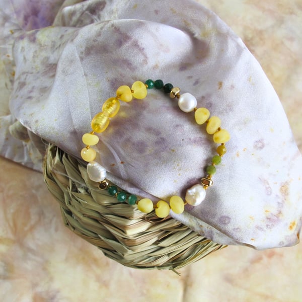 "Jessica" Raw Baltic Amber and Pearl Bracelet with array of Jade