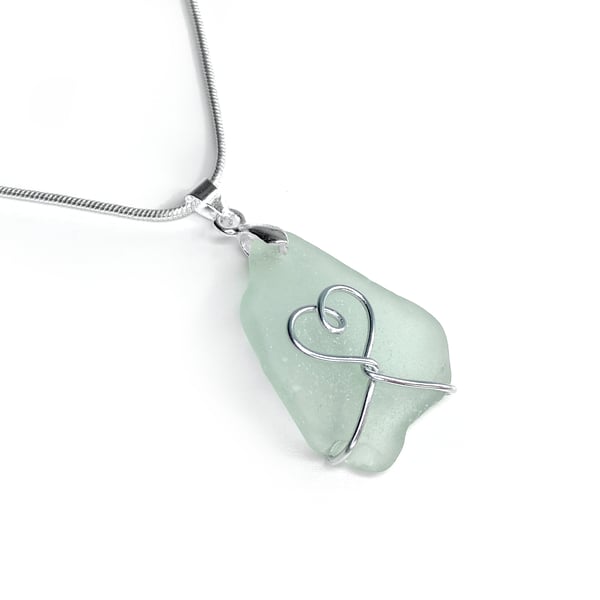 Sea Glass Pendant - Green Beach Glass - Silver Handmade Heart Necklace Jewellery