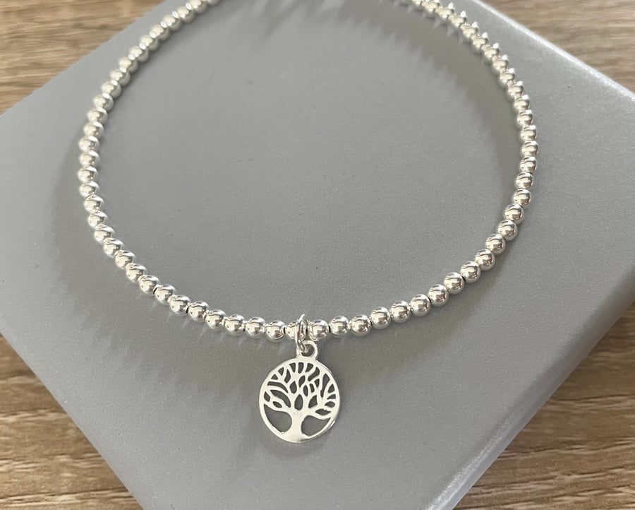 Sterling Silver Tree of Life Charm Beaded Ball Bracelet Layering Bracelet 