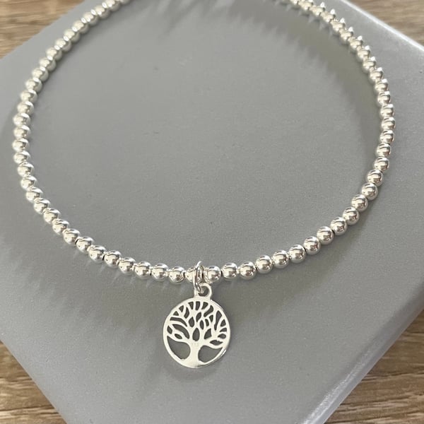 Sterling Silver Tree of Life Charm Beaded Ball Bracelet Layering Bracelet 