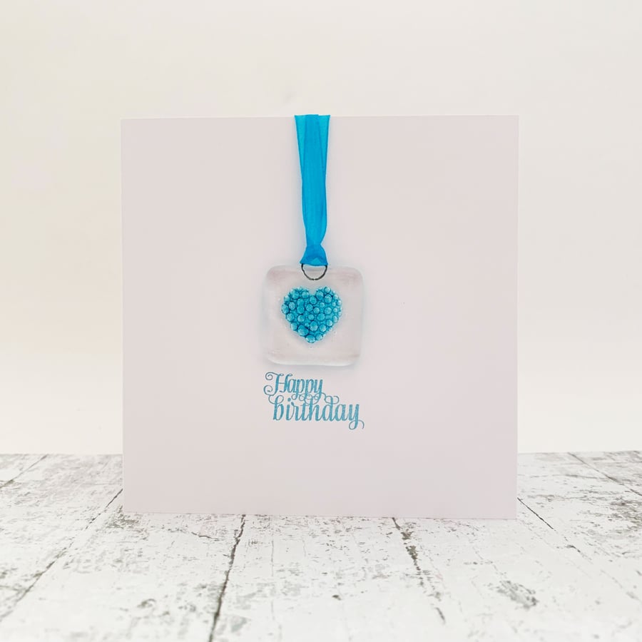 Birthday Card with Heart Fused Glass Keepsake Glass Suncatcher
