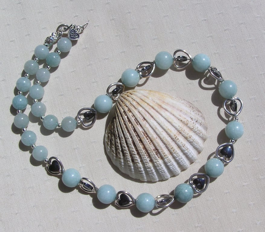 Aquamarine & Black Hematite Gemstone Silver Heart Beaded Necklace