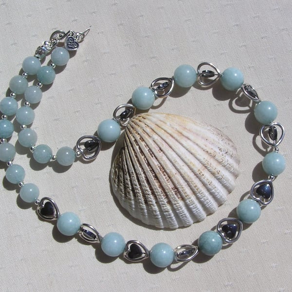 Aquamarine & Black Hematite Gemstone Silver Heart Beaded Necklace