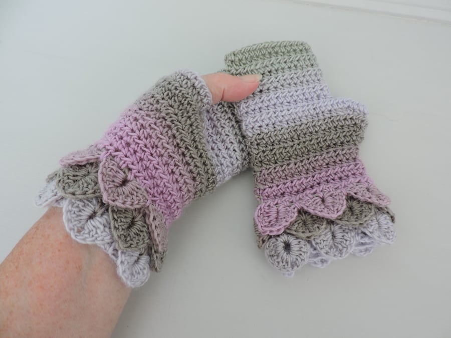 Dragon Scale Cuff Fingerless Mitts  Pastel Grey Pink and Green