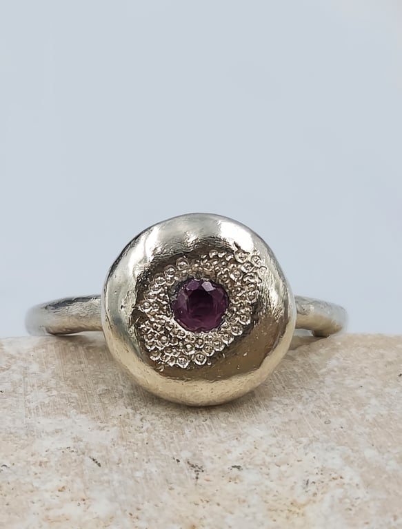 Sterling Silver Ruby Ring – Molten Texture – July Birthstone - Size O