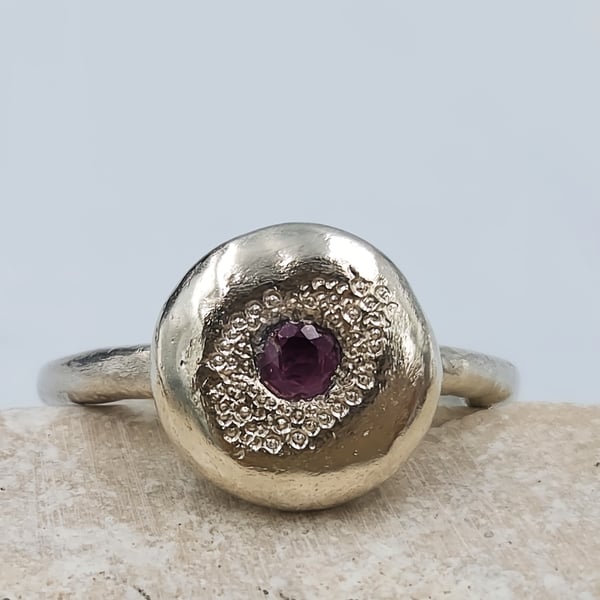 Sterling Silver Ruby Ring – Molten Texture – July Birthstone - Size O