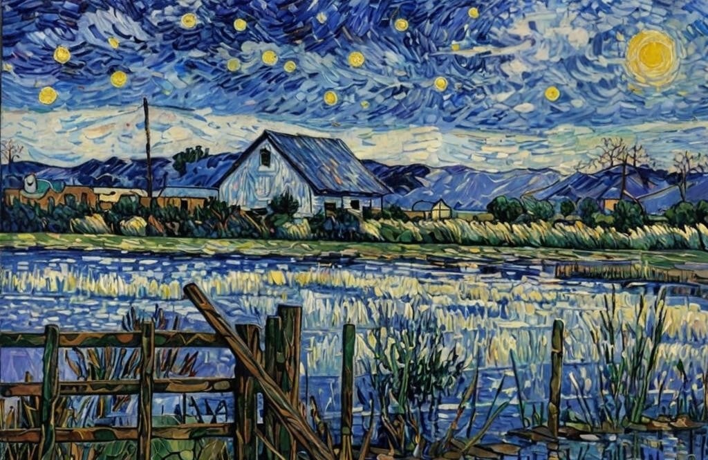 A4 Print Blue Yellow Flooded Field Norfolk Broads 