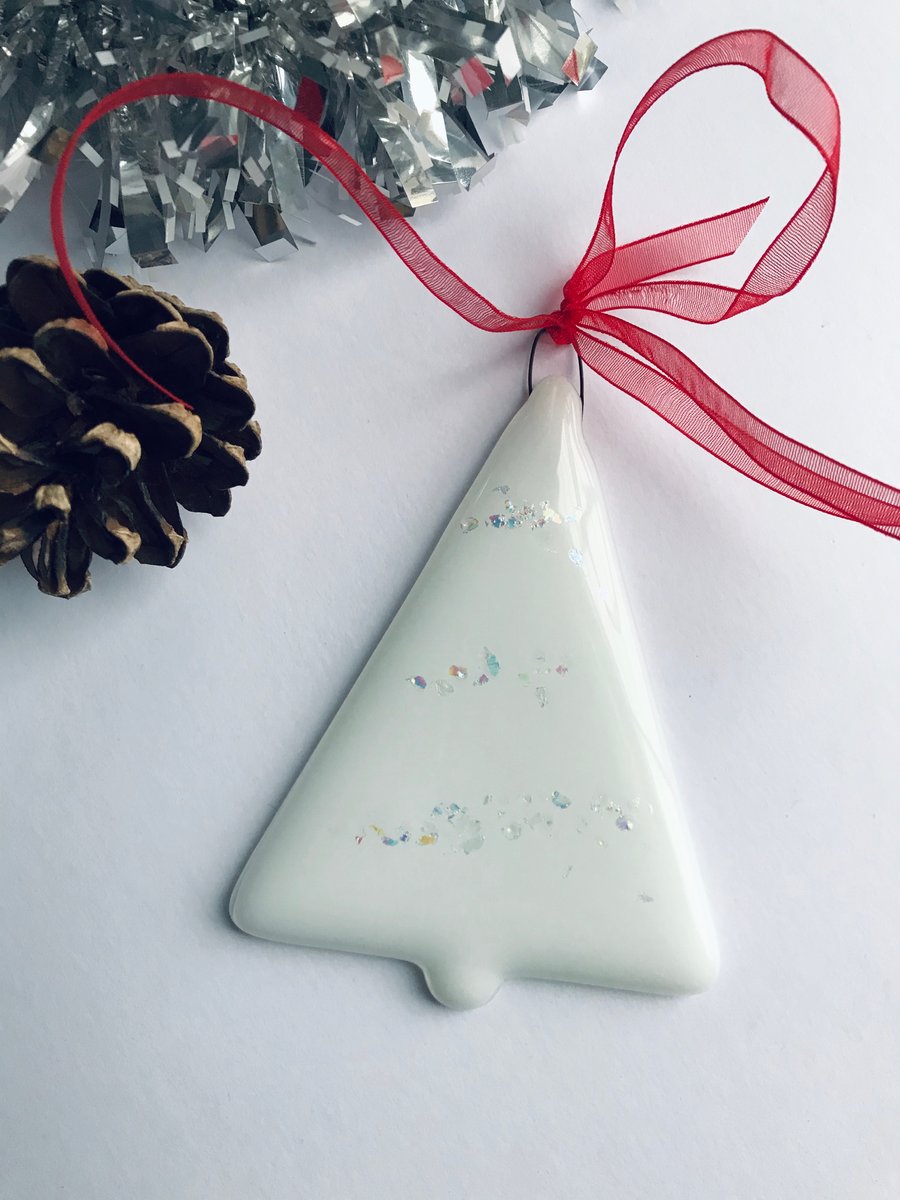 White Christmas tree decorations, fused glass