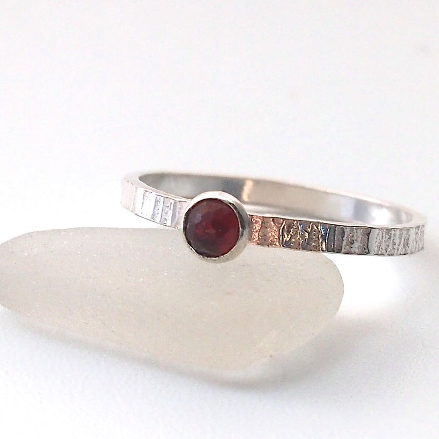 Sterling Silver Textured Ring with Rose Cut Garnet