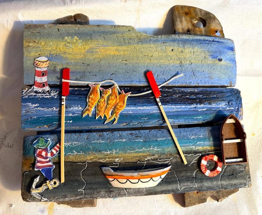 Creel Wood Wall Art - Quayside and Drying the Fish