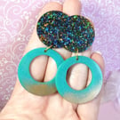 Blue, green and gold funky earrings, large resin earrings, fun and colourful