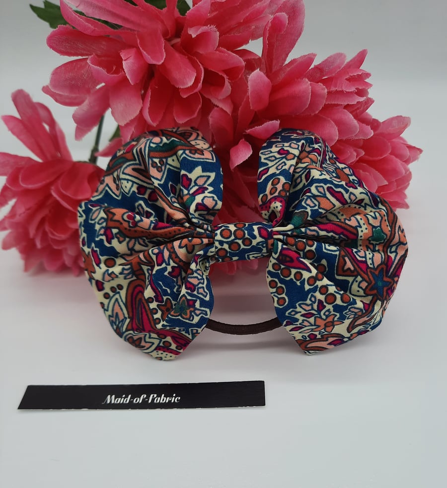 Hair bobble bow in teal cherry red pattern. 3 for 2 offer.  