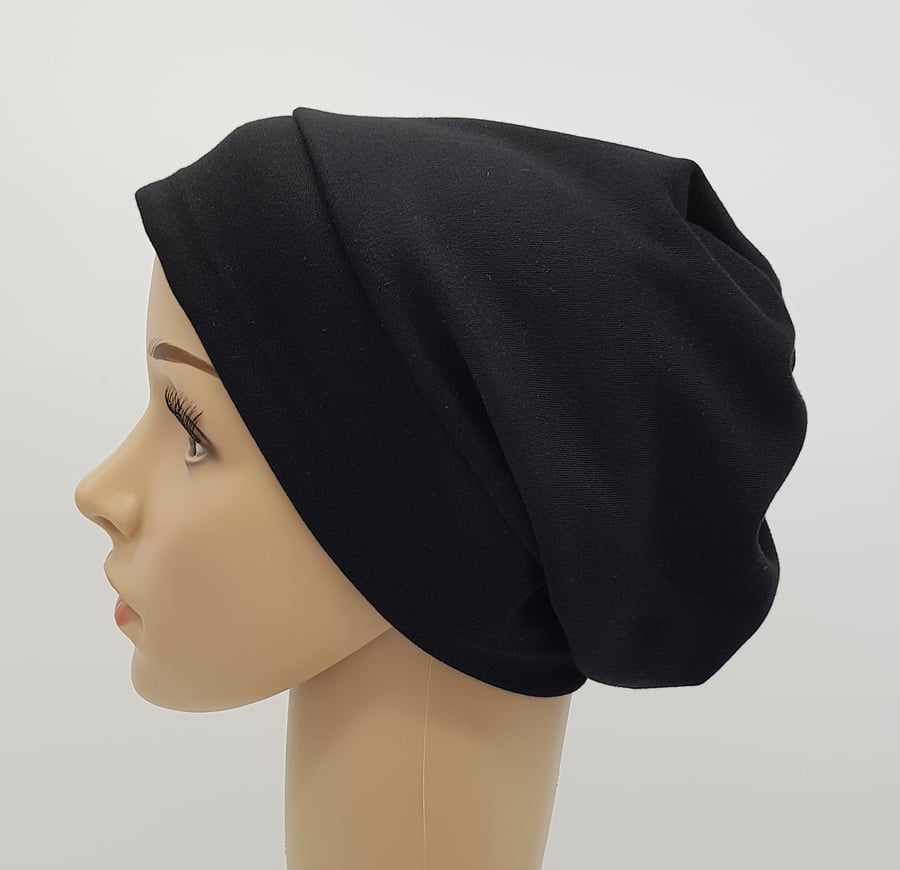 Black beanie for women, cotton jersey hat, bad hair day hat, hair care accessory