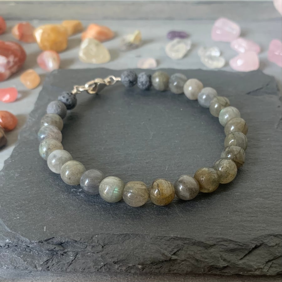 Labradorite diffuser bracelet, healing gemstone lava bead bracelet