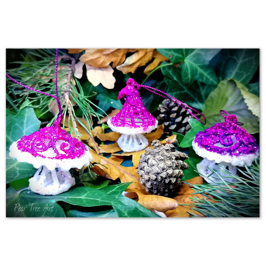 Pink Toadstool Christmas decorations set of 3