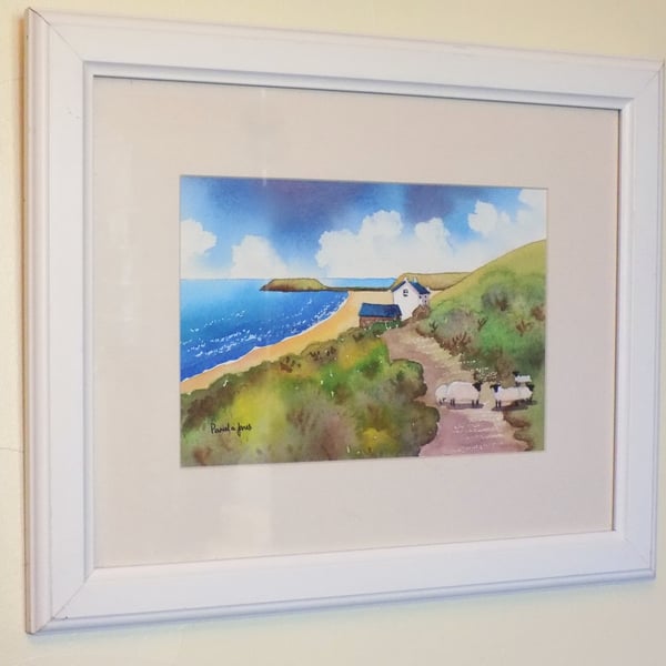 The Old Rectory, Rhossili Bay, Gower, Original Watercolor in 14 x 11 '' Frame