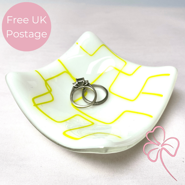 Patterned White and Yellow Glass Trinket Dish