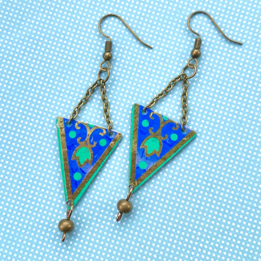 Vintage tin blue, green & gold suspended triangle beaded earrings