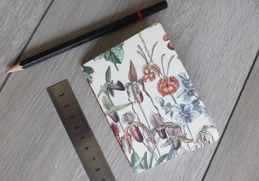 Small micro A7 hand bound notebook or sketchbook with floral cover