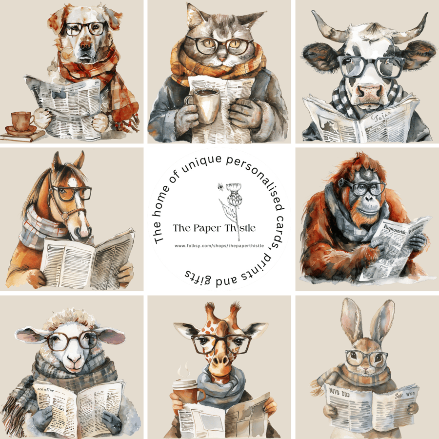 Reading animals  -8 cute animal Illustrated cards with free matching gift tags