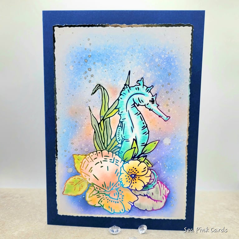 Blank Card Seahorse - birthday, mother's day, sea-life, rainbow foiled image