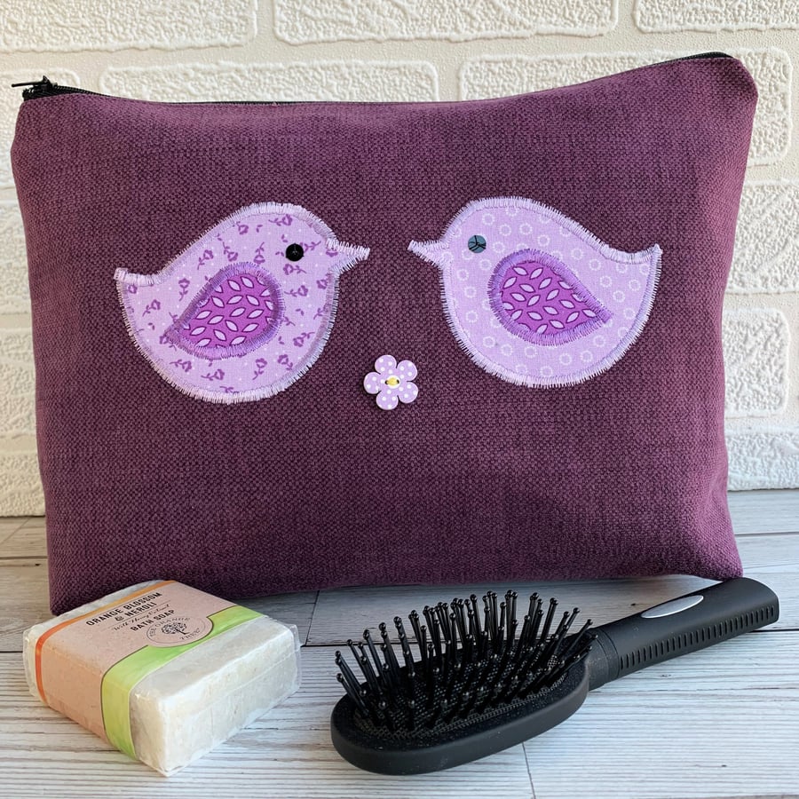 Purple toiletry bag, wash bag with lilac and mauve love birds