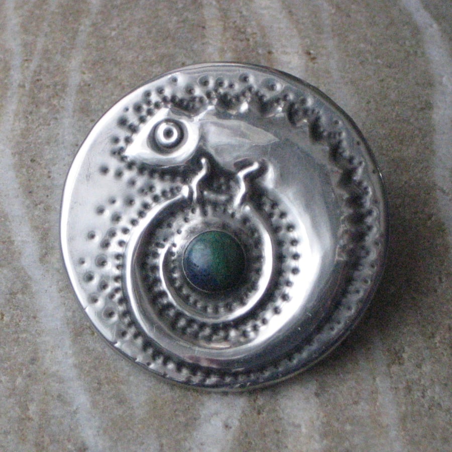 Silver Pewter Chameleon Brooch with Azurite