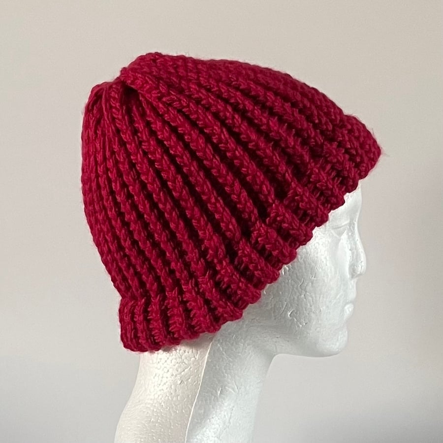 Claret Coloured Chunky Beanie with Fixed Brim, perfectly imperfect