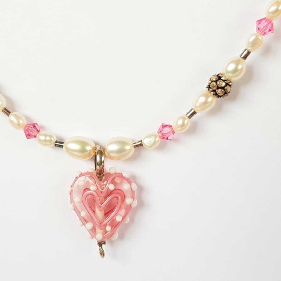 Beaded Heart Necklace - Pink & White Spot Glass Lampwork Bead