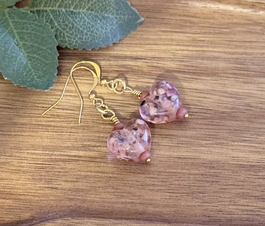 Pink Lampwork Heart Earrings – Handmade with Czech Glass and Gold Hooks