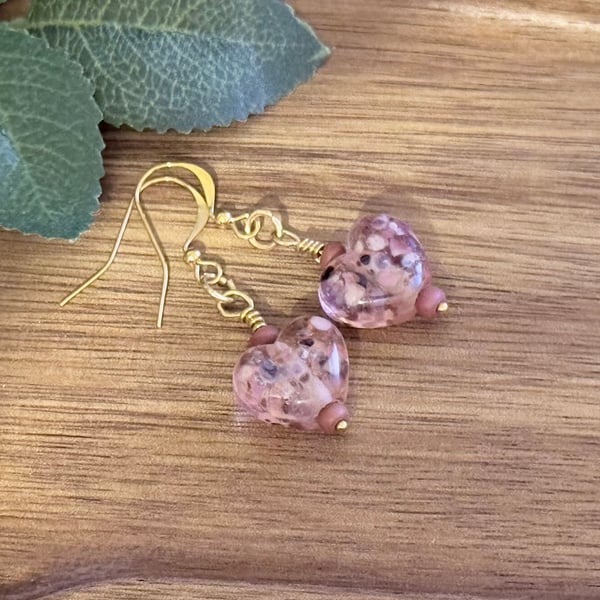 Pink Lampwork Heart Earrings – Handmade with Czech Glass and Gold Hooks