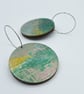 Muted silver, gold and green printed wooden disc earrings - Image 2