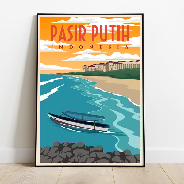 Pasir Putih retro travel poster, Pasir Putih print, Indonesia travel poster