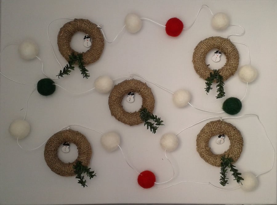 Christmas garland, felt balls, wreaths and snowmen