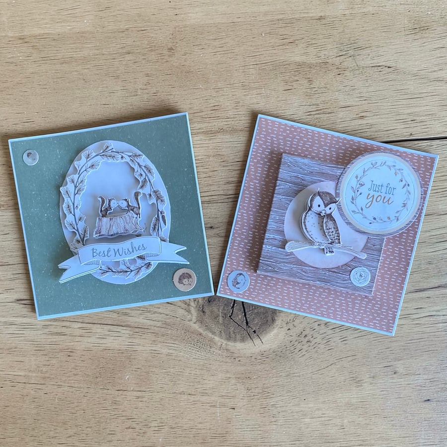 Set of 2 Handmade Woodland Animal Decoupage Greeting Cards - Squirrels & Owl