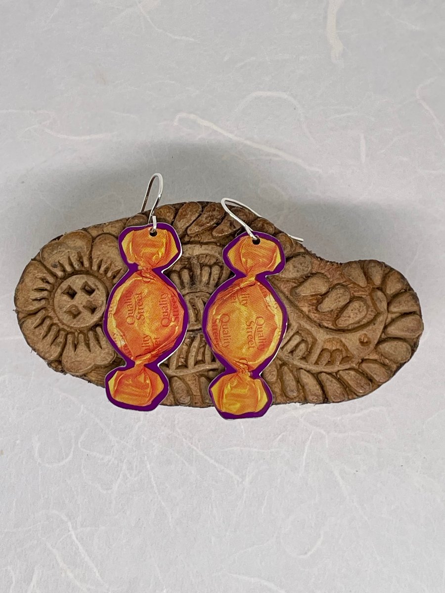 Toffee Penny, Recycled Quality Street Tin Earrings with Silver
