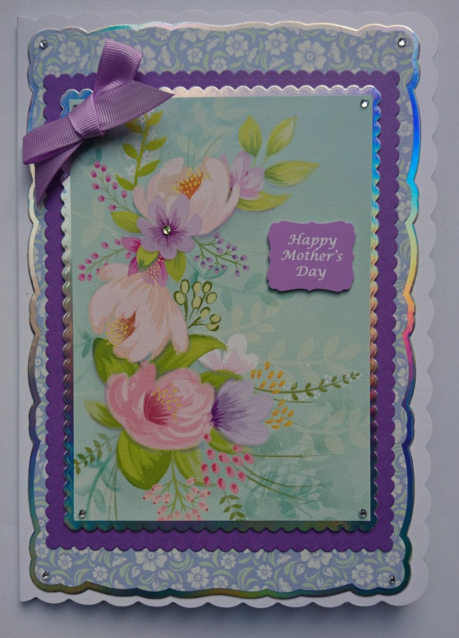 3D Luxury Handmade Card Happy Mother's Day Pretty Spring Pink and Lilac Flowers