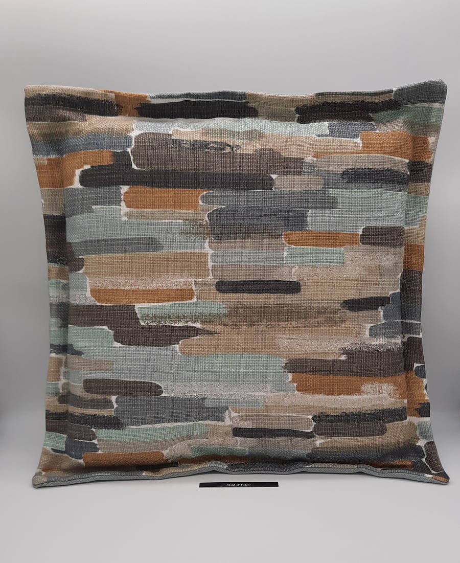 Abstract cushion cover,  16" green and mustard dash fabric 