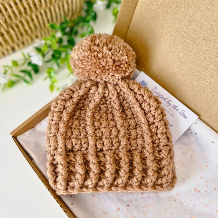Crochet Newborn Baby Hat with Pom Pom - Mocha Brown