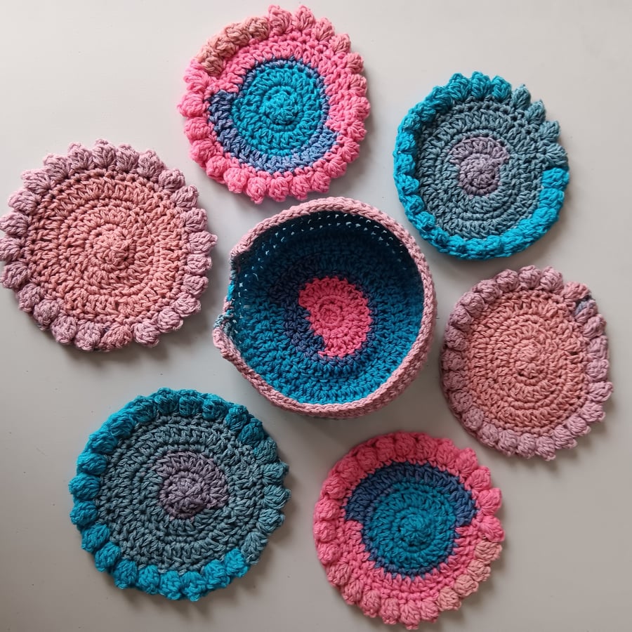 Crochet Coasters (Delphinium) - set of 6 plus holder