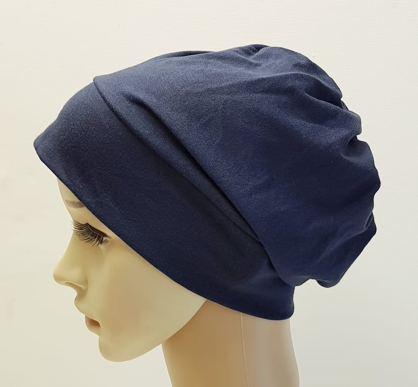 Dark blue chemo hat, messy hair day hat, alopecia hair loss head wear