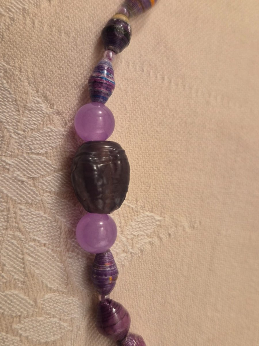 Purple paper and glass beaded necklace with purple accent beads