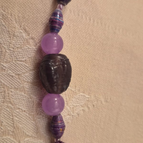 Purple paper and glass beaded necklace with purple accent beads