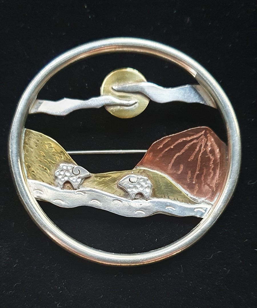 Sterling silver, copper and brass brooch - Sheep on the Pennines