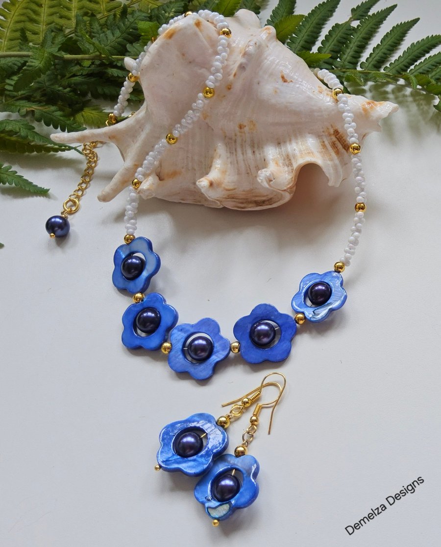 Designer Blue Mother of Pearl & Shell Pearl Necklace & Earrings Set Gold Plated