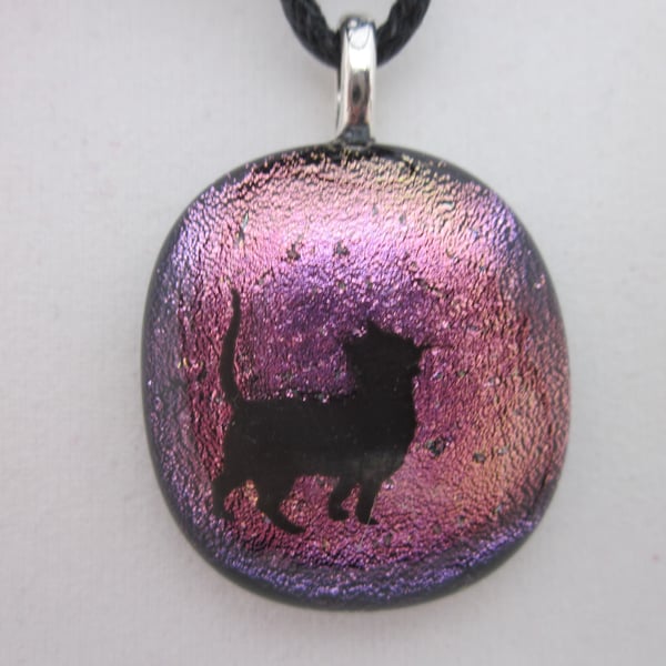 Handmade dichroic glass cabochon pendant - pink with black enamel cat