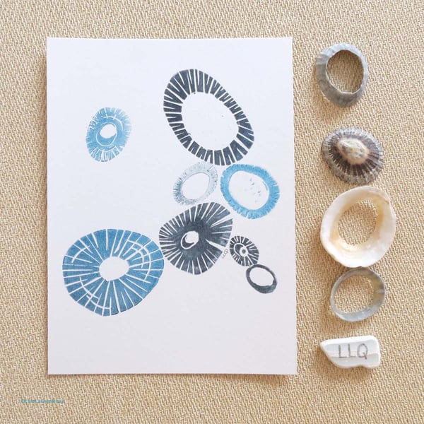 OOAK monoprint seaside sea shells modern contemporary print