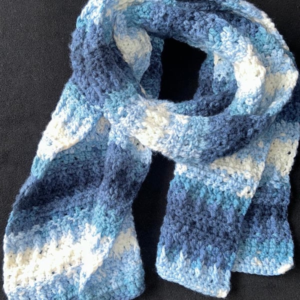 Hand Crocheted Chunky Scarf in Blues